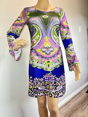 White Mark Couture Collection Blue, Pink & Green Paisley-Print Long Sleeve Dress